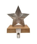 Silver Metal Star Shaped Christmas Stocking Hanger Holder Faux Wood Base... - £13.25 GBP