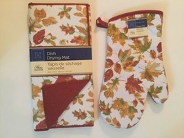 Fall foliage dish drying mat oven mitt kitchen leaves lot of 2 orange - £7.46 GBP