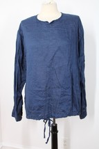 Monitaly XS Blue Linen Split Neck Drawstring Hem Long Sleeve Top Pockets... - $85.49