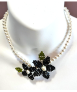925 pearl choker necklace with wired black and green glass flower motif ... - $45.00
