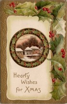 Christmas Greeting Lovely Country in Holly Wreath Golden Border Postcard... - $8.95