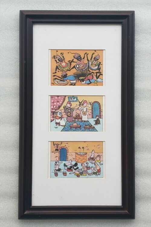 Rare (3) Framed Hamid Bouhali Comedic Cartoon Caricatures Post Card Art ... - $222.74