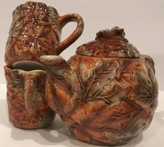 Rare Ceramic Teapot Lid &amp; 2-Mugs Embossed Leaves Autumn Coffee Tea Breakfast Set - £47.46 GBP
