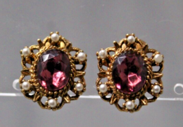Vintage Clip On Earrings Elegant Faux Amethyst Stone Copper Tone - £7.68 GBP