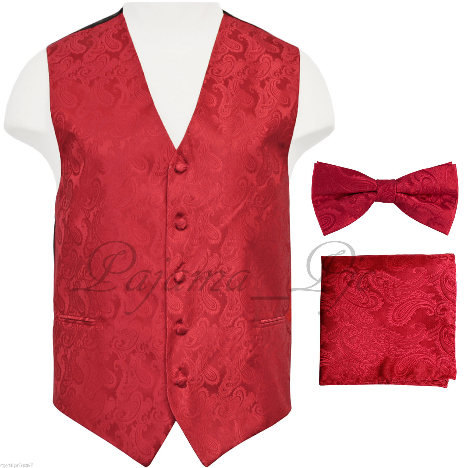 Red Paisley Vest Waistcoat & Bow tie Hanky Formal Wedding Prom Tuxedo Suit  - $25.11 - $30.06