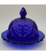 Vintage Mosser Inverted Thistle Cobalt Blue Glass Butter Cheese Round Do... - $33.83 CAD