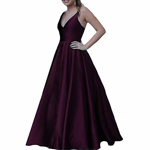 Women V Neck Spaghetti Strap Formal Long Maxi Evening Prom Dress Dark Plum US 2