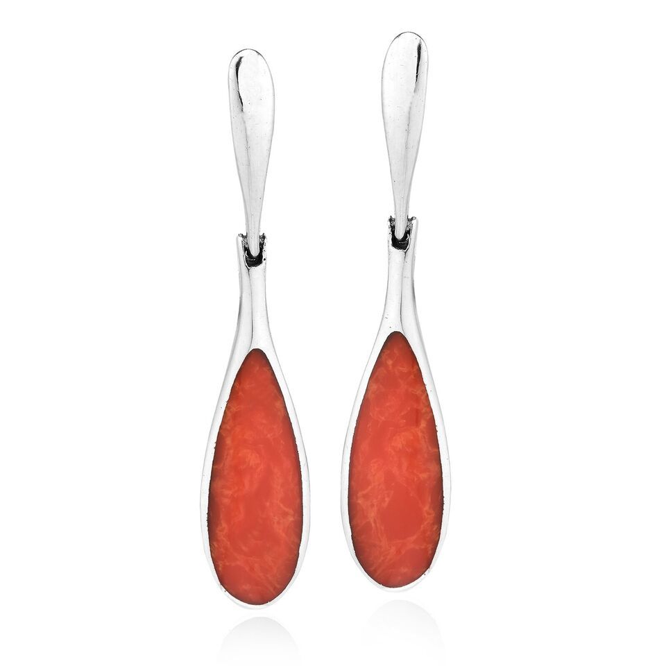 Primary image for Sleek Teardrop Shaped Synthetic Red Coral Inlay Sterling Silver Dangle Earrings