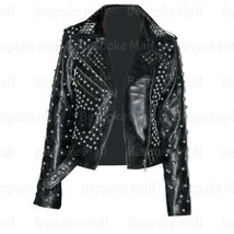 New Woman&#39;s Brando Style Black Spiked Studded Cowhide Punk Leather Jacket-995 - £254.99 GBP