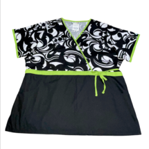 Uniform Advantage Women Black White Lime Green Floral Scrub Top Plus Siz... - $16.99