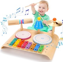 Kids Drum Set,Toddler Drum With Xylophone,8 In 1 Wooden Baby Percussion - $35.92