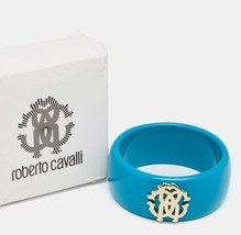 New Rare Luxe Authentic Roberto Cavalli Teal Blue Gold Logo Wide Bangle Bracelet - £223.29 GBP