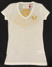 True Religion V Neck White Sheer Cotton Tee Gold Glitter Buddha Size XS NWOT - £13.77 GBP