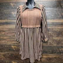 Large 2 in 1 Striped Dress Boho Midi Women Long Sleeves Brown Camel Vest... - $16.15