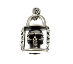 Handcrafted Solid 925 Sterling Silver Skeleton Skull in Padlock Gothic Pendant - £41.87 GBP