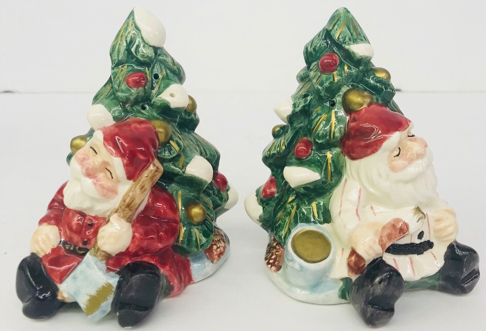 Wood Carved Santa Fitz & Floyd Ceramic Salt Pepper Shakers 1995 Christmas Carver - $28.70