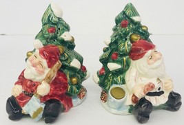 Wood Carved Santa Fitz &amp; Floyd Ceramic Salt Pepper Shakers 1995 Christma... - $28.70