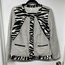 CHICOS Size 1 Black White Zebra Snap Button Cotton Linen Jacket Mixed Media - £21.79 GBP