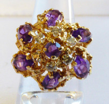 Genuine Purple Amethyst &amp; Diamond Flower Dome 14K Yellow Gold Cocktail Ring sz 6 - £601.43 GBP