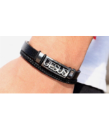 New Men’s Black Leather Silver Tone Jesus Bracelet  - $16.17 CAD