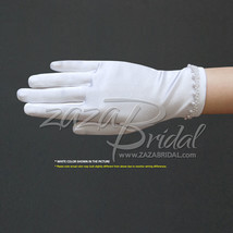 Girl&#39;s Satin Gloves with Faux Pearl Beads Accent Trim Around the Wrist - £15.01 GBP