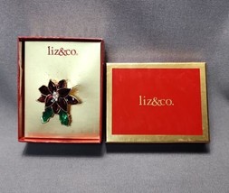 Liz Claiborne Brooch Liz &amp; Co Enamel Poinsettia Flower Rhinestones Gold-tone Pin - £14.78 GBP