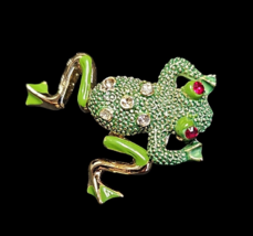 Vintage 60s Green Enameled Frog Red Eyes Articulated Mechanical Legs Bro... - $25.22