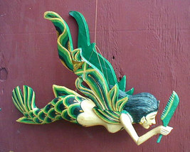 Dewi Sri Rice Goddess from Bali Hanging mermaid Lady Hand Wood C+M 15&quot; GREEN  - £68.74 GBP