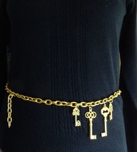 Women&#39;s Chain Belt with Dangling Gold Key Charms Hip Waist - £22.03 GBP