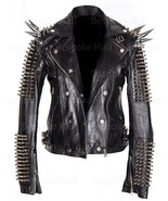 New Women&#39;s Black Long Spiked Studded Brando Style Button Up Leather Jac... - $379.99
