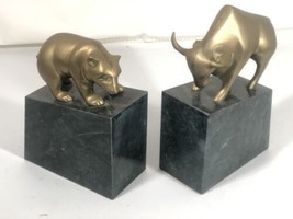 Vintage Gatco Bookends Solid Brass Green Marble Bull Bear Banking Financ... - £69.81 GBP