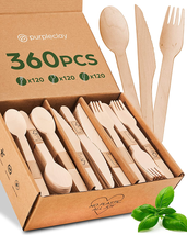 Wooden Compostable Utensils Set - 360 Pieces (120 Forks 120 Spoons 120 Knives) S - £26.14 GBP