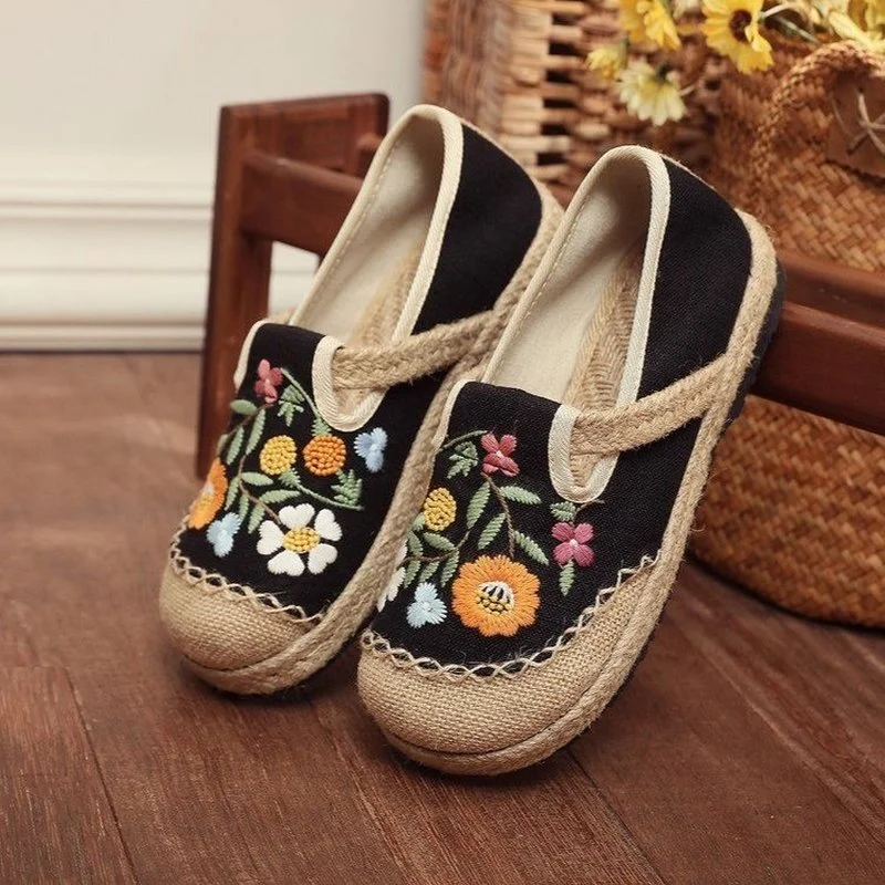 New Women work Canvas Linen Loafers Handmade Ladies Casual Slip on Sneakers Embr - £126.06 GBP