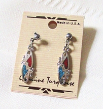 Turquoise &amp; Red Jasper Inlaid Earrings in Silvertone Metal 1 1/8&quot; Drops Made USA - $9.95