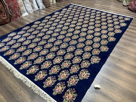 Authentic Handmade Oriental Rug 9x12 Wool Carpet Navy Blue Floral Hand Knotted - £3,793.38 GBP