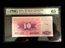 Pk 10a 1992 Bosnia - Herzegovina 10 Dinara Pmg 65 Epq Gem Unc - $45.00