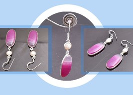 925 Argento Sterling Rosa Agata &amp; Perla Gemma Mano Orecchino Festa Indossare - £43.10 GBP