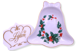 Lefton Holly Christmas Bell Candy Dish Handpainted Porcelain Gold Trim - £23.65 GBP