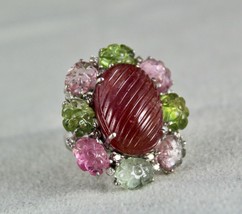 Exclusive Natural Multi Tourmaline Carved Gemstone Diamond Silver Statement Ring - £382.03 GBP