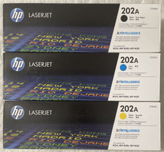 HP 202A Black Cyan Yellow Toner CF500A CF501A CF502A Genuine Sealed Retail Boxes - £225.36 GBP