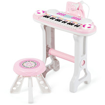 37-Key Kids Piano Keyboard Set Electronic Organ Light w/Stool &amp; Microphone Pink - £72.71 GBP