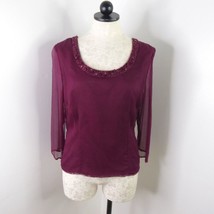 Vintage Lew Magram Women&#39;s 12 Maroon Silk Beaded Embellished Fitted Top Blouse - £7.81 GBP