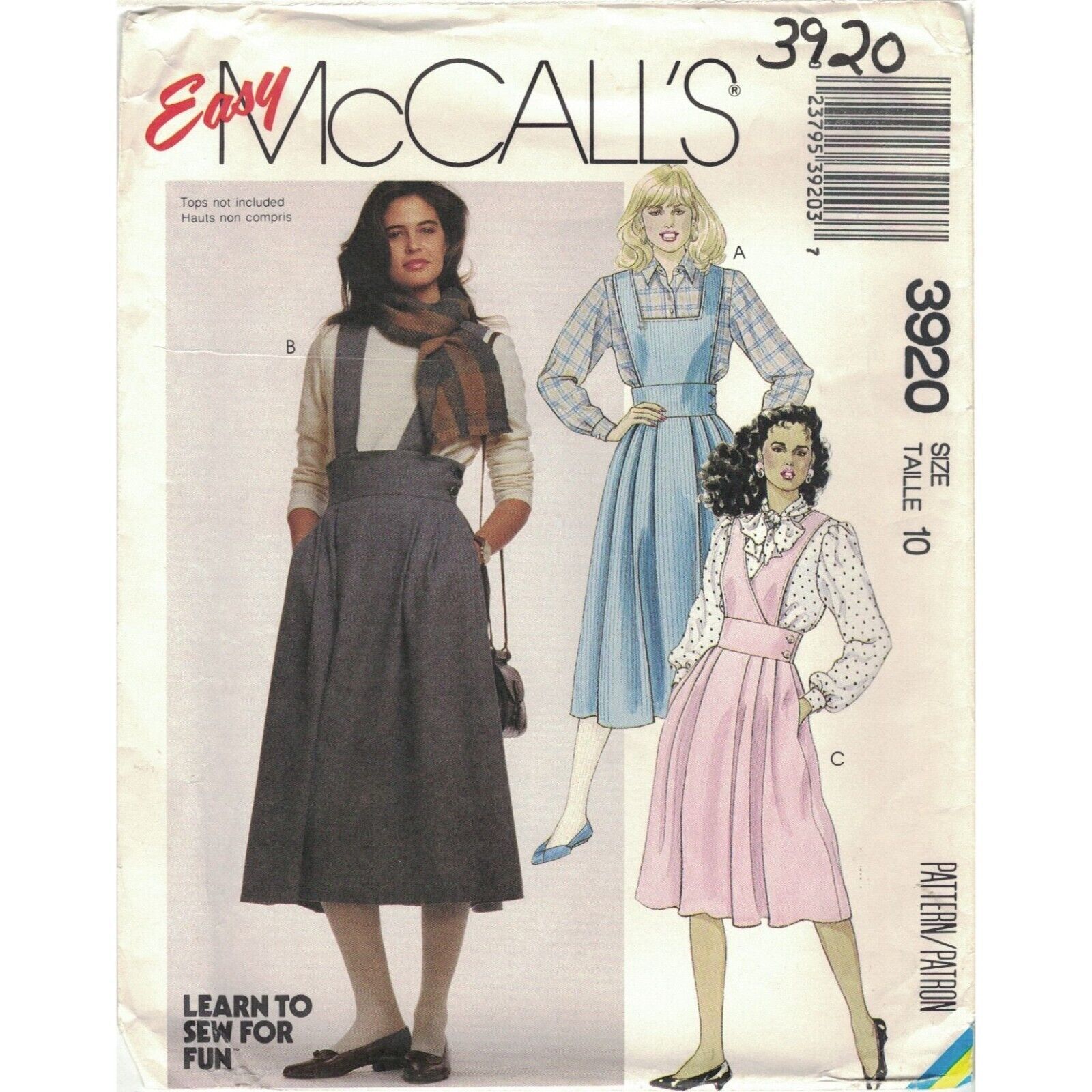 Primary image for McCall's 3920 Easy Jumper Dress Pattern Bib Front Option Misses Size 10 Uncut