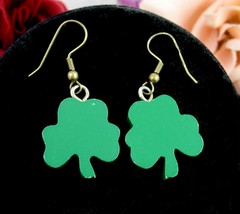 FOUR LEAF CLOVER Good Luck EARRINGS Pierced Green Wood Dangle St. Patric... - $14.99