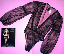 Victoria&#39;s Secret XS long-sleeve TEDDY one-piece BLACK lace mesh fishnet... - $98.99