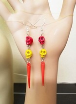 red yellow sugar skull bead earrings day of dead jewelry long dangles handmade - £5.55 GBP