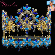 Baroque Full Round  Miss World Crown Tiara With Blue Crystal Rhinestones  Prince - £117.11 GBP