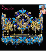 Baroque Full Round  Miss World Crown Tiara With Blue Crystal Rhinestones... - £117.11 GBP
