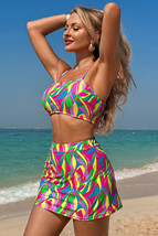 Multicolour Abstract Print Textured Spaghetti Strap High Waist Bikini Set - $15.10