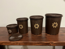 4 Vintage Retro Tupperware Brown Mushroom Nesting Canisters Jars Lid Set Lot - $37.61